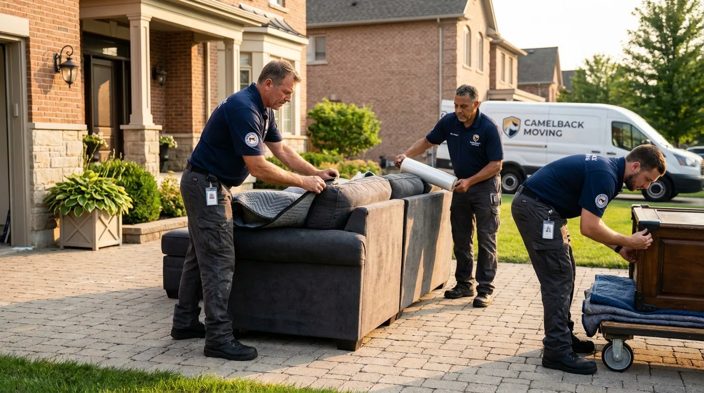Large estate moving crew wrapping furniture in Waterbury, CT