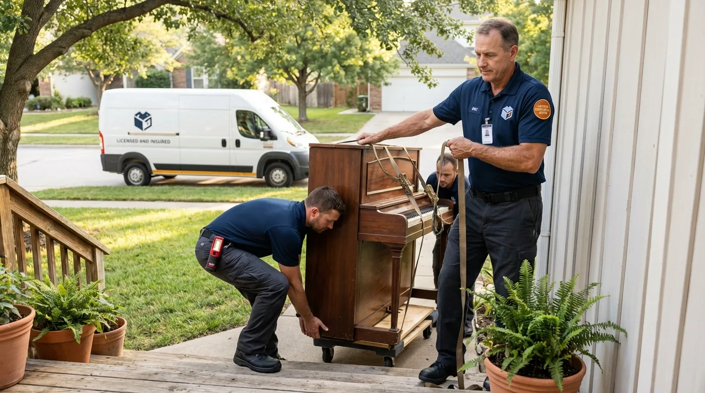 Licensed piano movers securing grand piano in Waterbury, CT