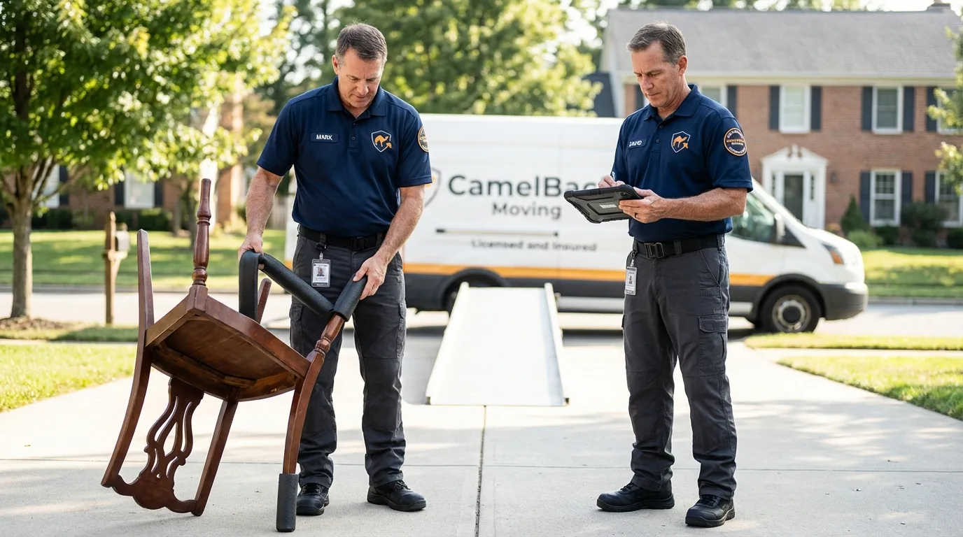 Movers inspecting furniture for damage prevention before loading in Waterbury, CT