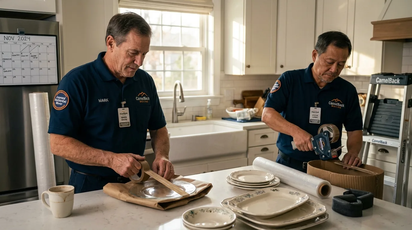 Professional crew packing kitchen dishware in Waterbury, CT